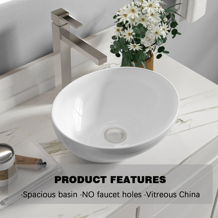 Sinber 16'' White Oval Ceramic Bathroom Vessel Sink