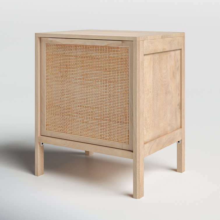 Natural Cane and Wood Rectangular Nightstand with Shelf