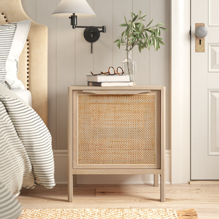 Natural Cane and Wood Rectangular Nightstand with Shelf