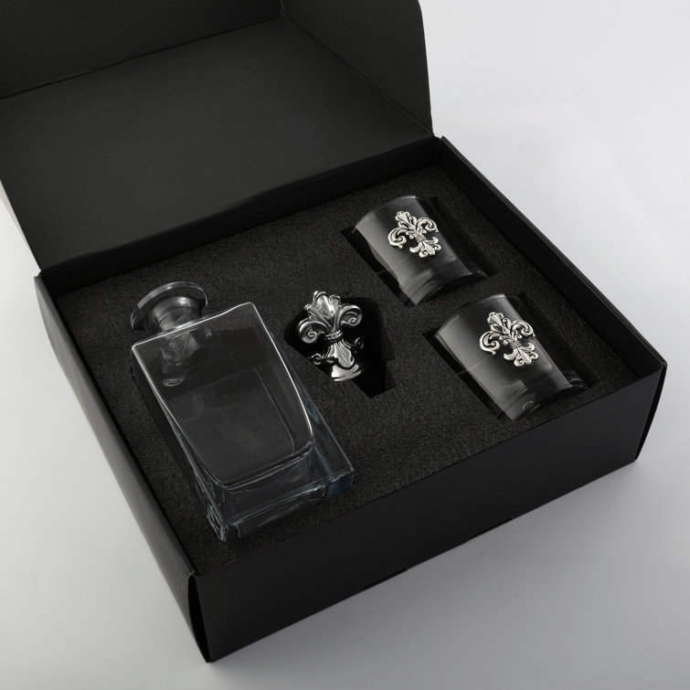 Fleur-de-lis Glass Decanter Set with Metal Accents