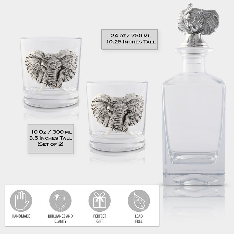 Elephant Head Glass Whiskey Decanter Set with Metal Accents