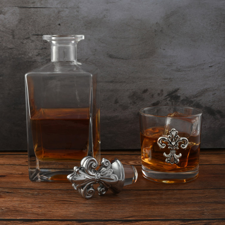 Fleur-de-lis Glass Decanter Set with Metal Accents