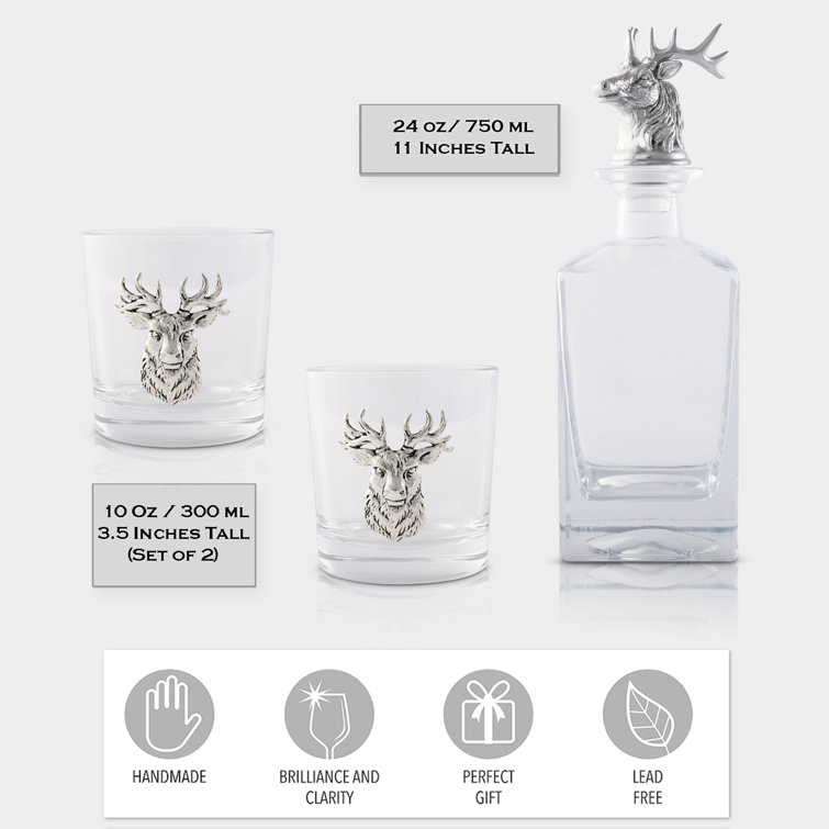 Elk Head Glass Decanter Set with Metal Accents