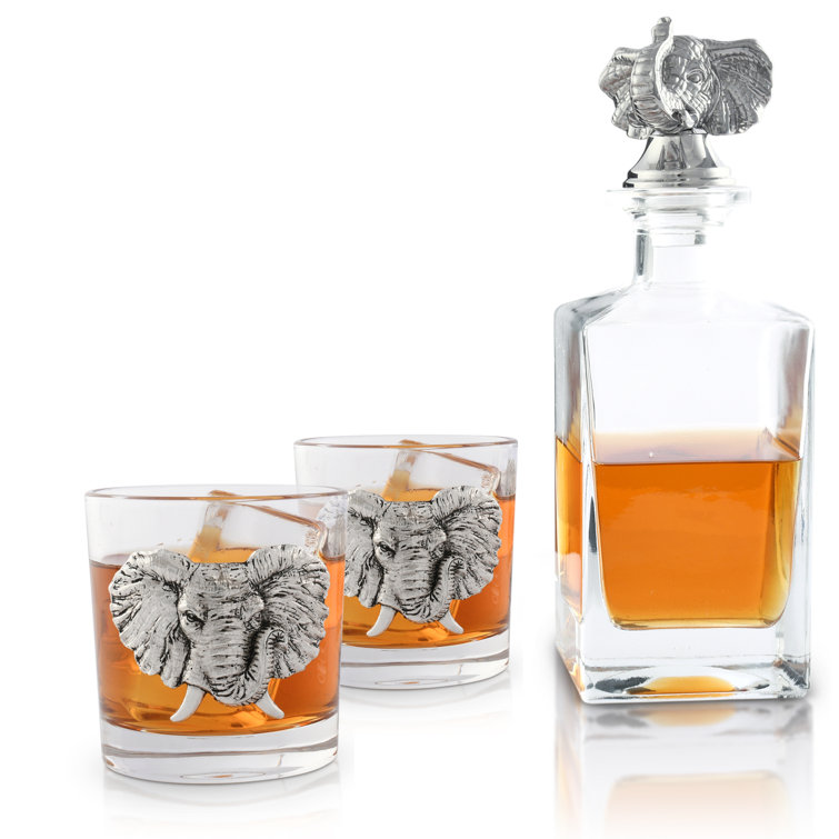 Elephant Head Glass Whiskey Decanter Set with Metal Accents