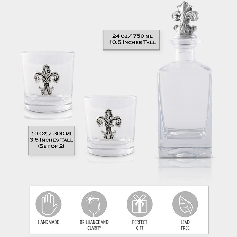 Fleur-de-lis Glass Decanter Set with Metal Accents