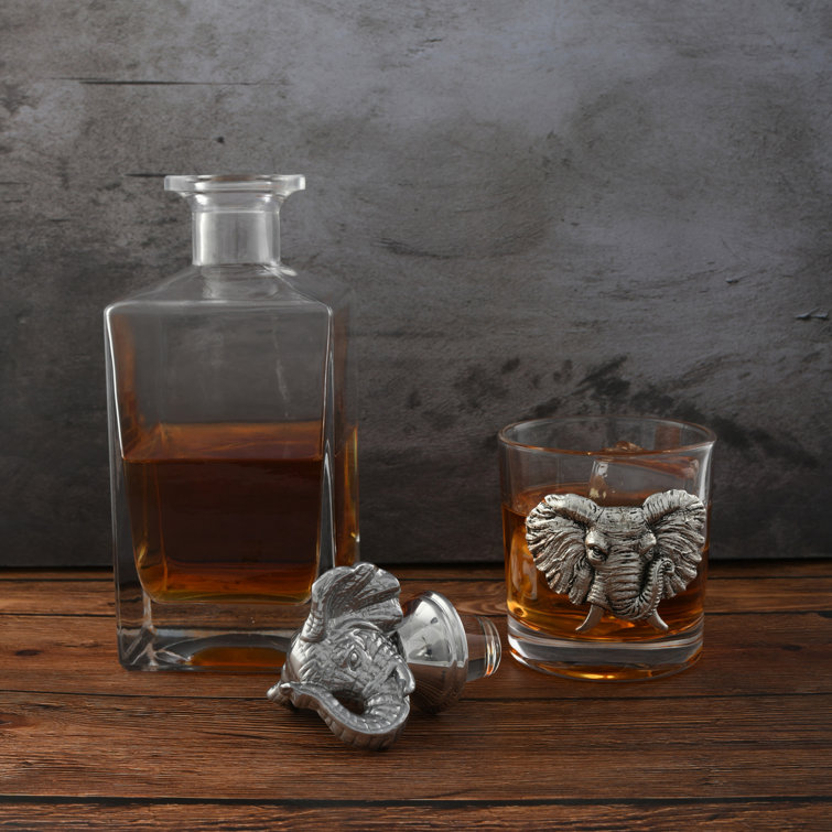 Elephant Head Glass Whiskey Decanter Set with Metal Accents