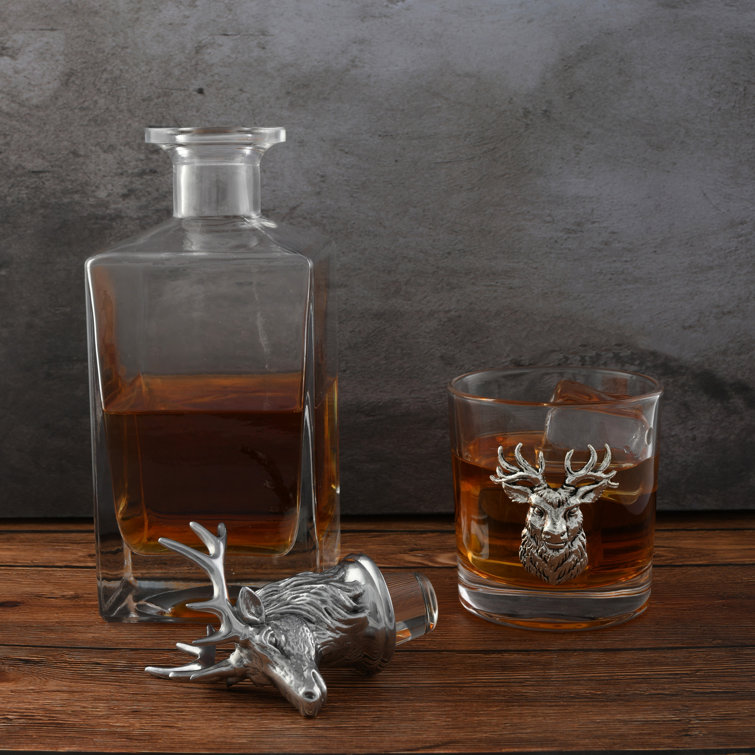 Elk Head Glass Decanter Set with Metal Accents