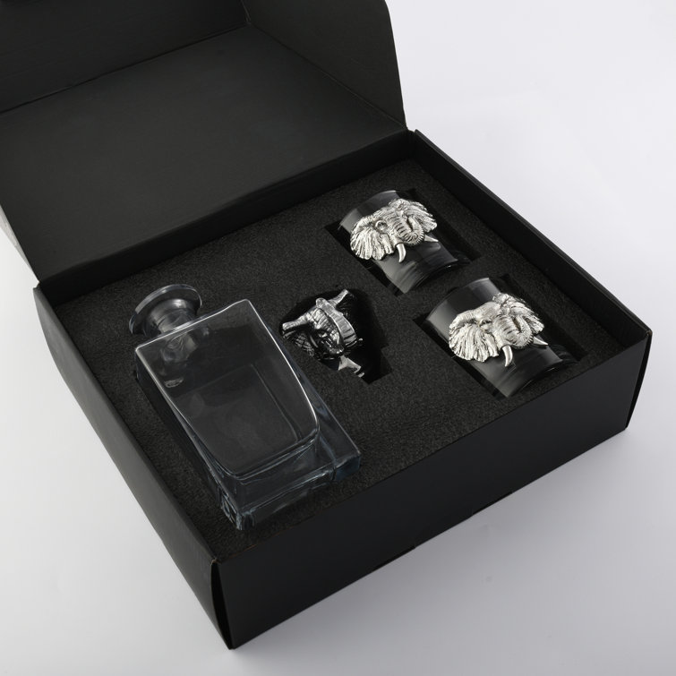Elephant Head Glass Whiskey Decanter Set with Metal Accents
