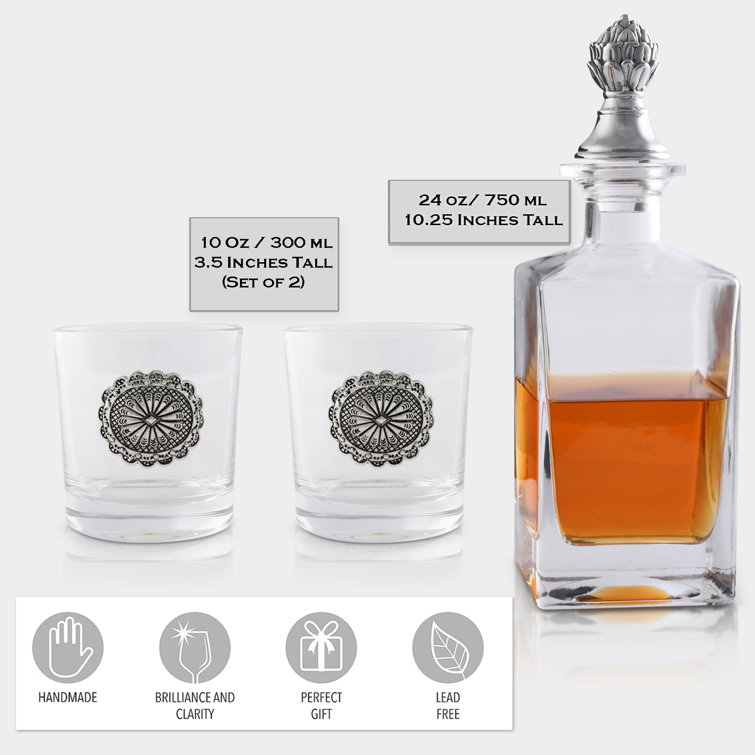 Western Concho Glass Whiskey Decanter Set with Metal Accents
