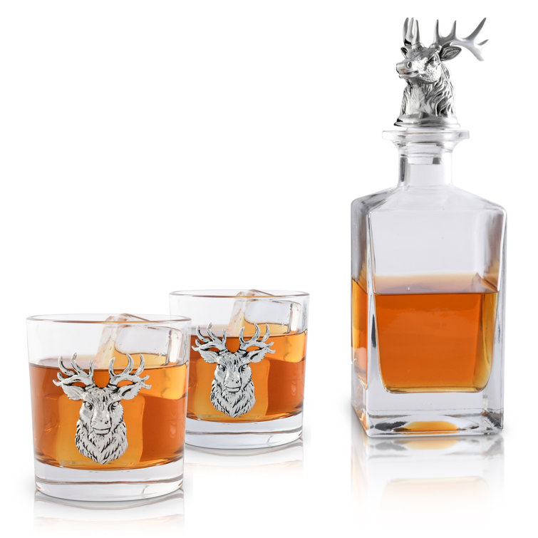 Elk Head Glass Decanter Set with Metal Accents