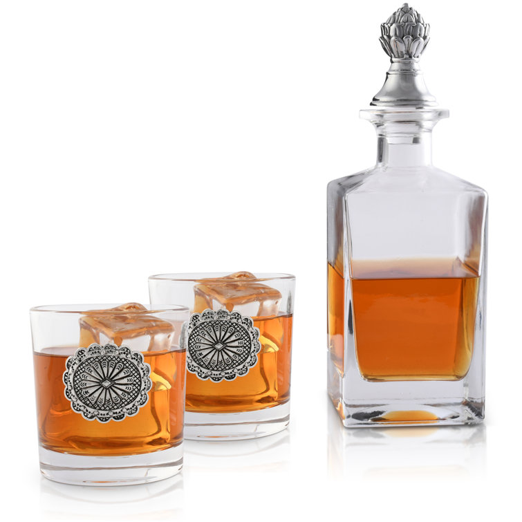 Western Concho Glass Whiskey Decanter Set with Metal Accents