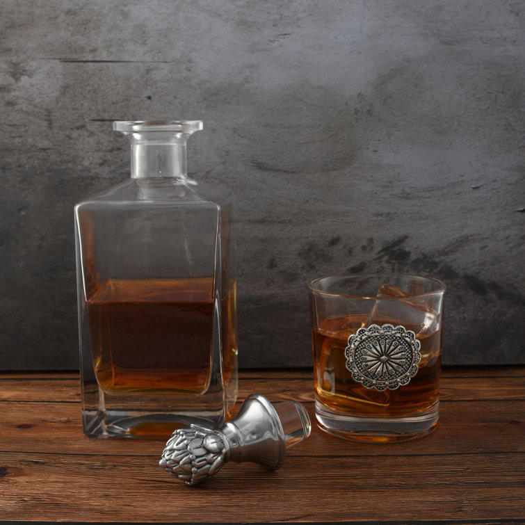 Western Concho Glass Whiskey Decanter Set with Metal Accents