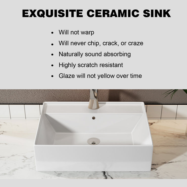 24" White Rectangular Ceramic Countertop Vessel Sink