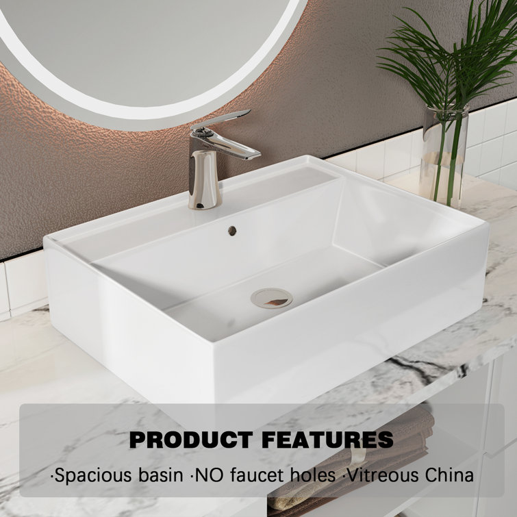 24" White Rectangular Ceramic Countertop Vessel Sink