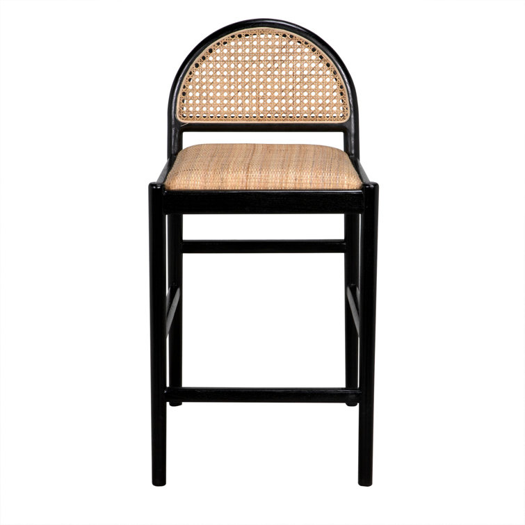 Black and Natural Wood Counter Stool with Rattan Backrest