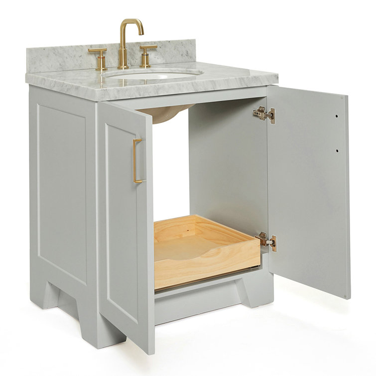 Gray Wood Single Basin Vanity with Marble Top
