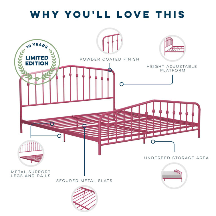 Hot Pink King Metal Platform Bed with Headboard and Slats