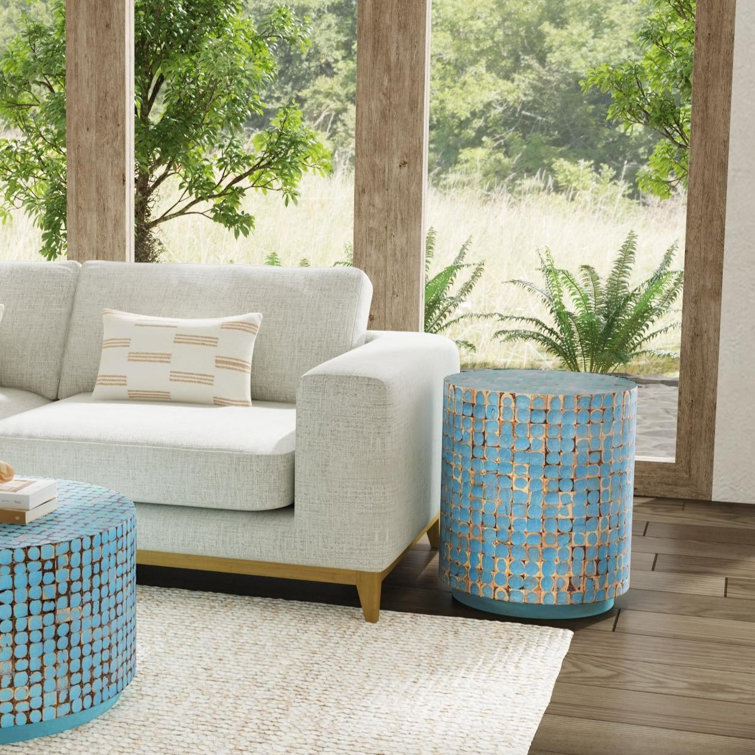 Juliette Coastal Blue Coconut Shell Mosaic Round End Table