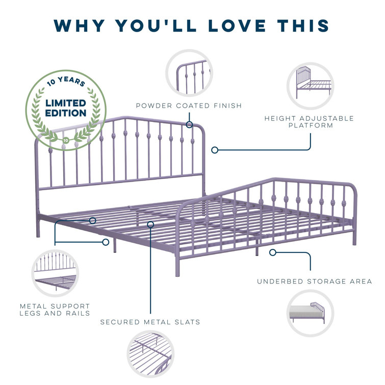 Lavender King Metal Platform Bed Frame with Headboard and Slats