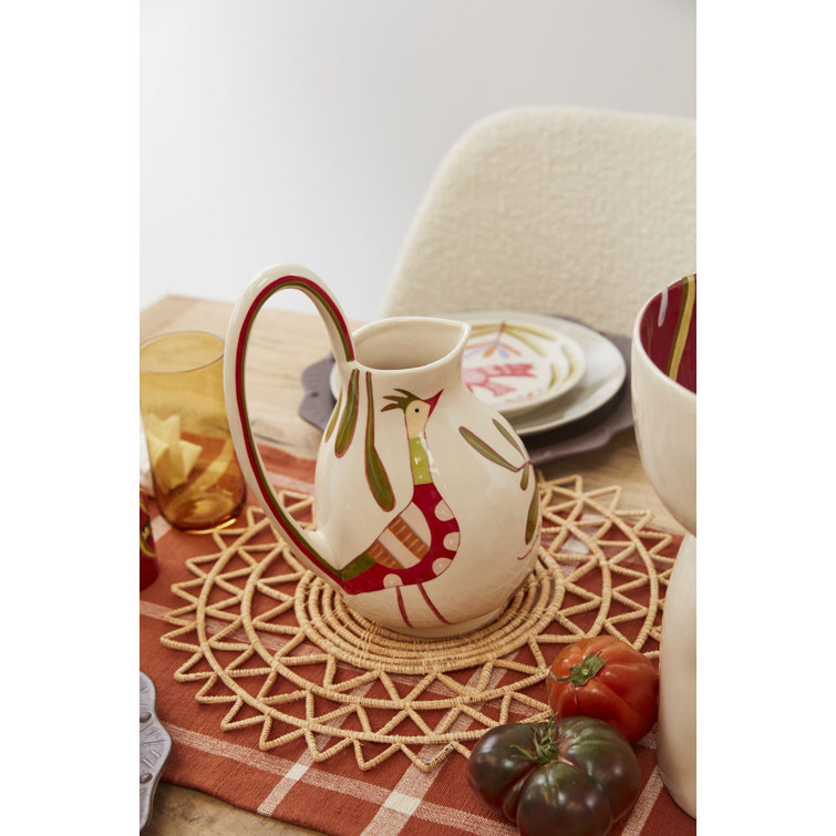 Hand-Painted Cream Ceramic Pitcher with Bird Design
