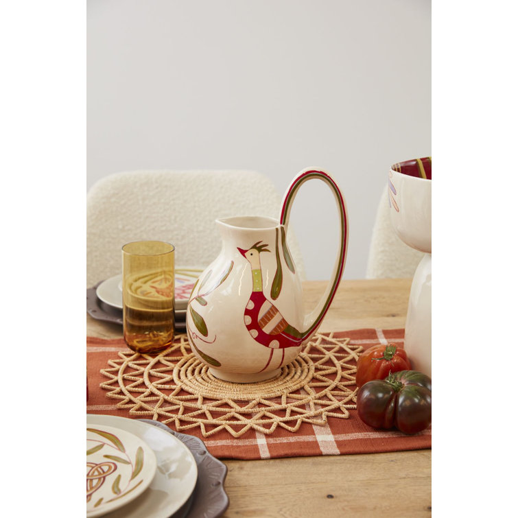 Hand-Painted Cream Ceramic Pitcher with Bird Design