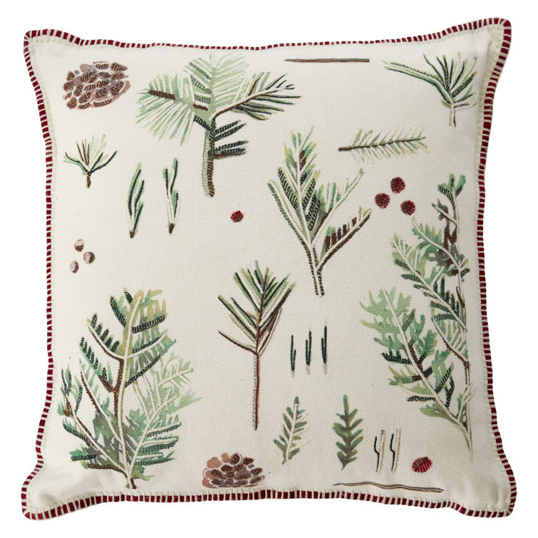 Festive Botanical Pine Embroidered Square Throw Pillow