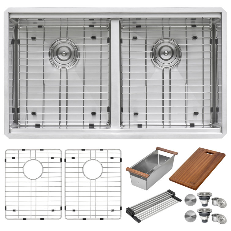 Stainless Steel Double Bowl Undermount Kitchen Sink with Accessories