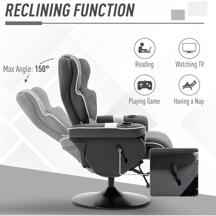 Luxurious 43.75" Black Faux Leather Swivel Recliner with Cup Holders