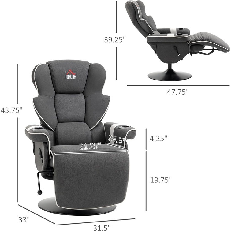 Luxurious 43.75" Black Faux Leather Swivel Recliner with Cup Holders