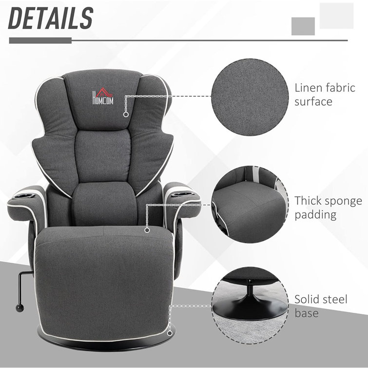 Luxurious 43.75" Black Faux Leather Swivel Recliner with Cup Holders
