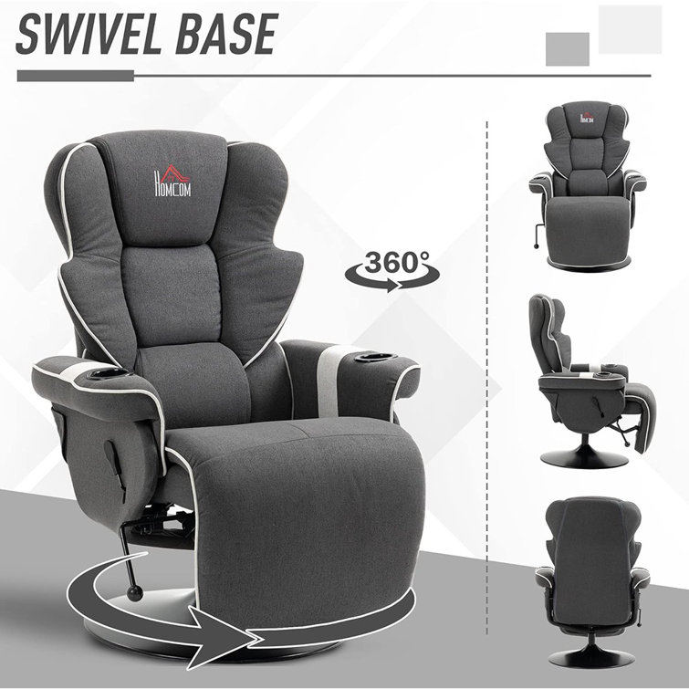 Luxurious 43.75" Black Faux Leather Swivel Recliner with Cup Holders
