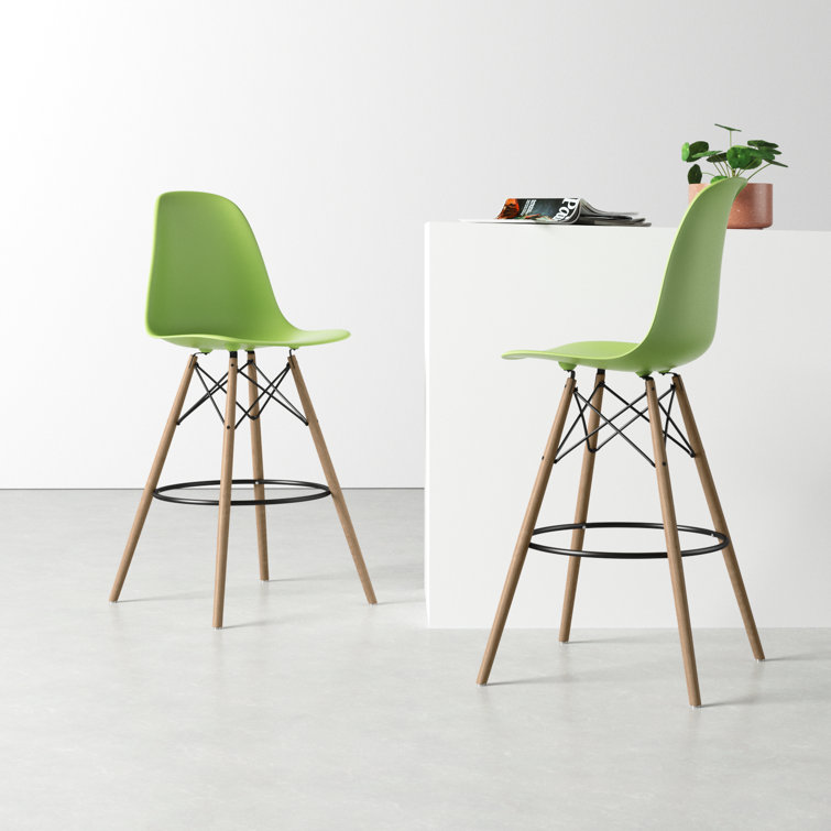 Parisian Modern Classic Green Counter Stools with Natural Wood Legs, Set of 2