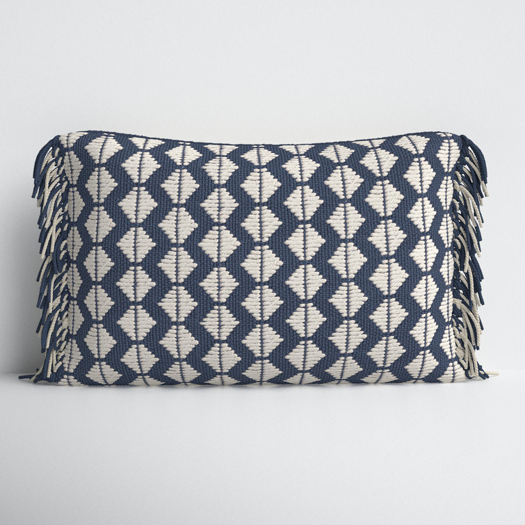 Dark Blue and Ivory Rectangular Polyester Tassel Throw Pillow