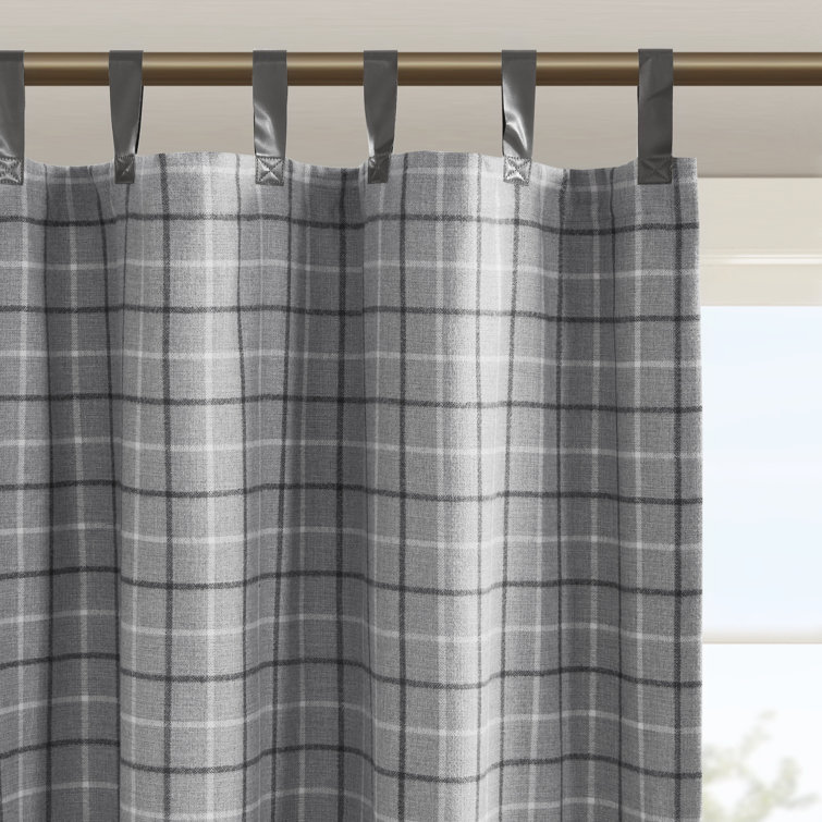 Gray Plaid Faux Leather Tab Top Insulated Drapes