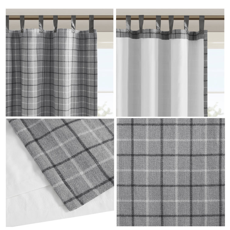 Gray Plaid Faux Leather Tab Top Insulated Drapes