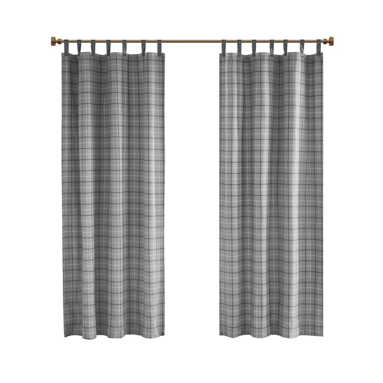 Gray Plaid Faux Leather Tab Top Insulated Drapes
