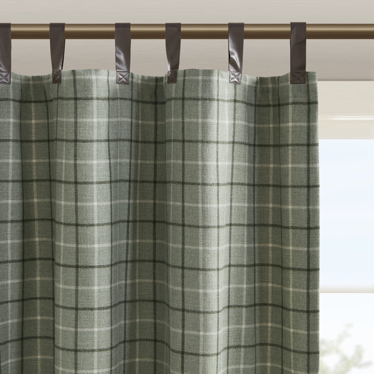 Green Plaid Polyester Tab Top Light-Filtering Drapes