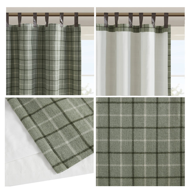 Green Plaid Polyester Tab Top Light-Filtering Drapes