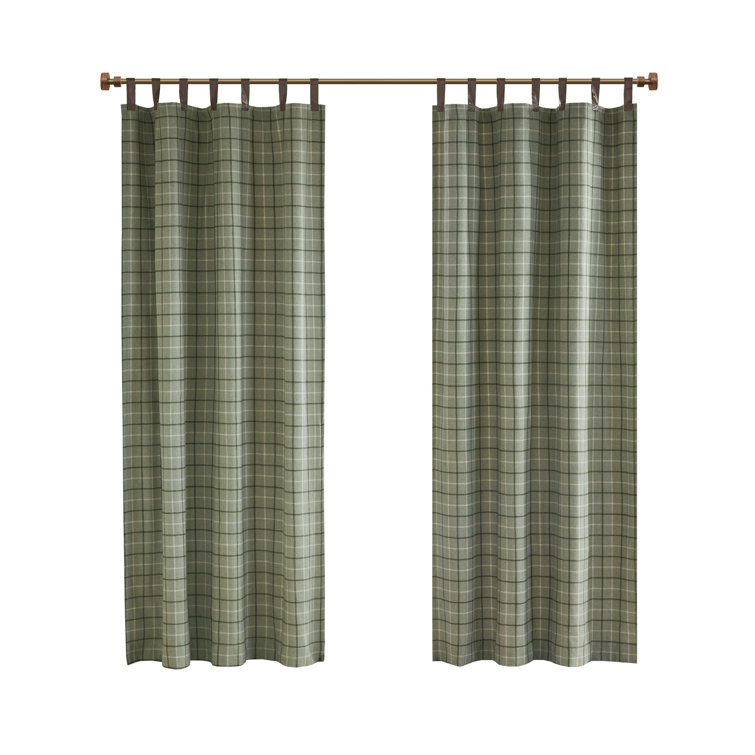 Green Plaid Polyester Tab Top Light-Filtering Drapes