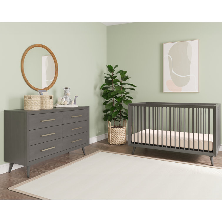 Lunar Gray Mid-Century Modern Convertible Crib and Dresser Set