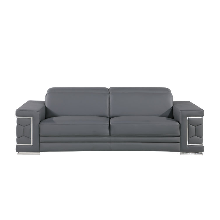 Gray Genuine Leather Sofa and Loveseat Set with Chrome Legs