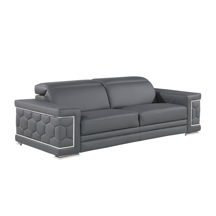 Gray Genuine Leather Sofa and Loveseat Set with Chrome Legs