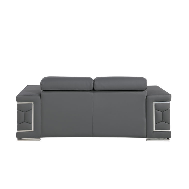 Gray Genuine Leather Sofa and Loveseat Set with Chrome Legs