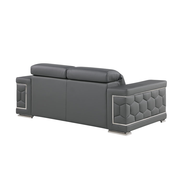 Gray Genuine Leather Sofa and Loveseat Set with Chrome Legs
