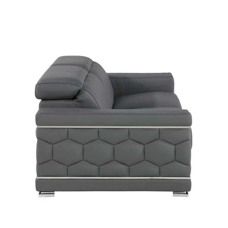 Gray Genuine Leather Sofa and Loveseat Set with Chrome Legs