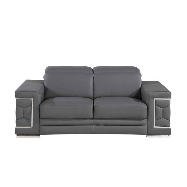 Gray Genuine Leather Sofa and Loveseat Set with Chrome Legs