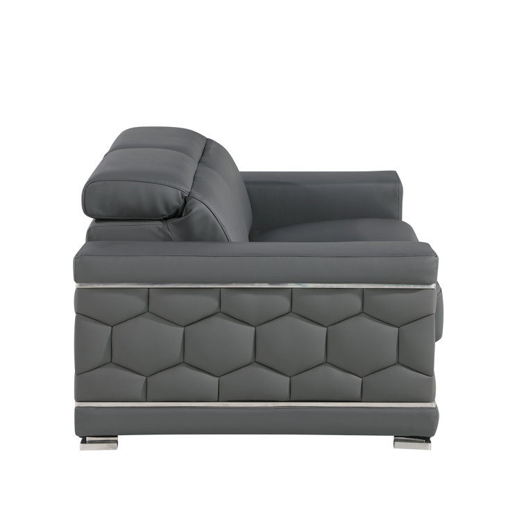 Gray Genuine Leather Sofa and Loveseat Set with Chrome Legs