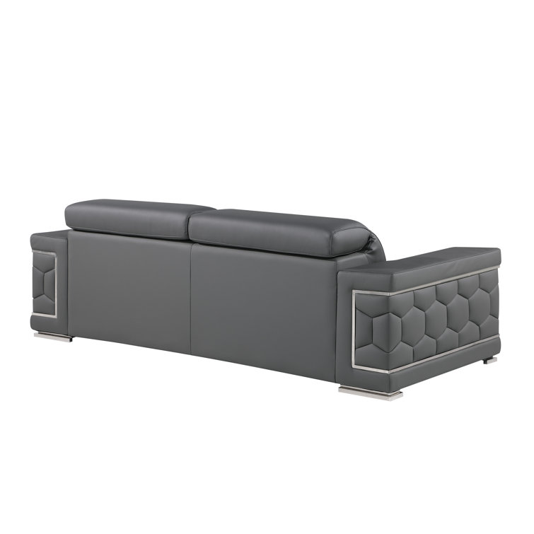 Gray Genuine Leather Sofa and Loveseat Set with Chrome Legs