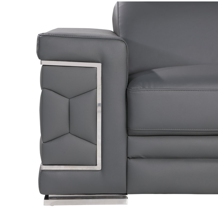 Gray Genuine Leather Sofa and Loveseat Set with Chrome Legs