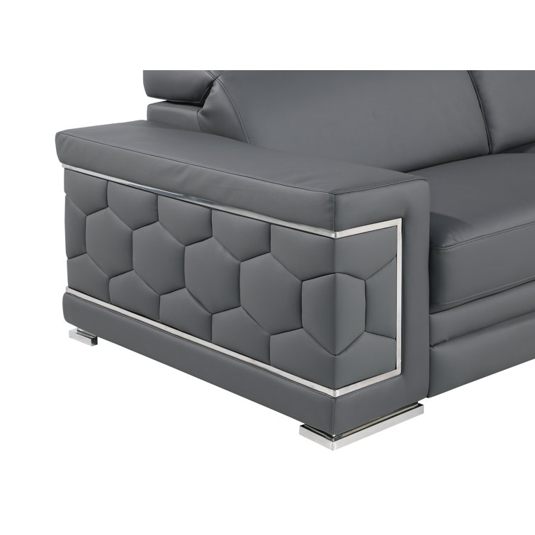 Gray Genuine Leather Sofa and Loveseat Set with Chrome Legs